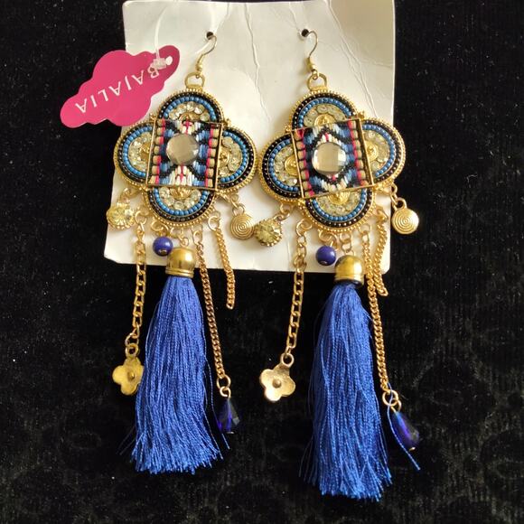 Iris Apfel & Bajalia Blue & Gold Embellished Tasseled HUGE Statement Earrings - Picture 2 of 11